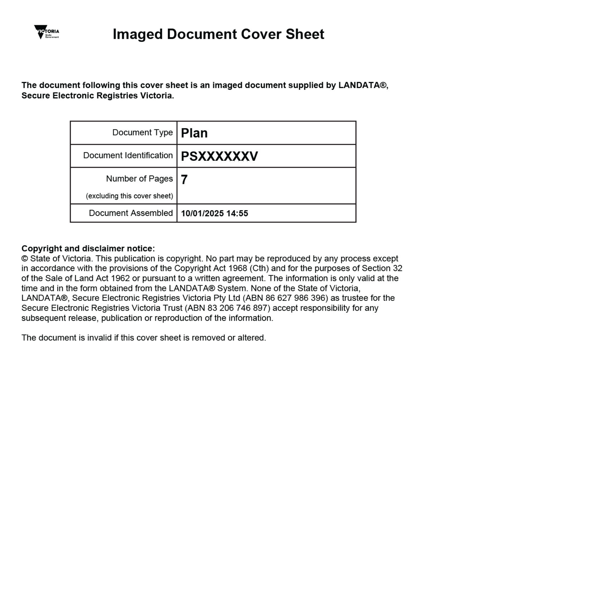Example of a Copy of Plan - Cover sheet