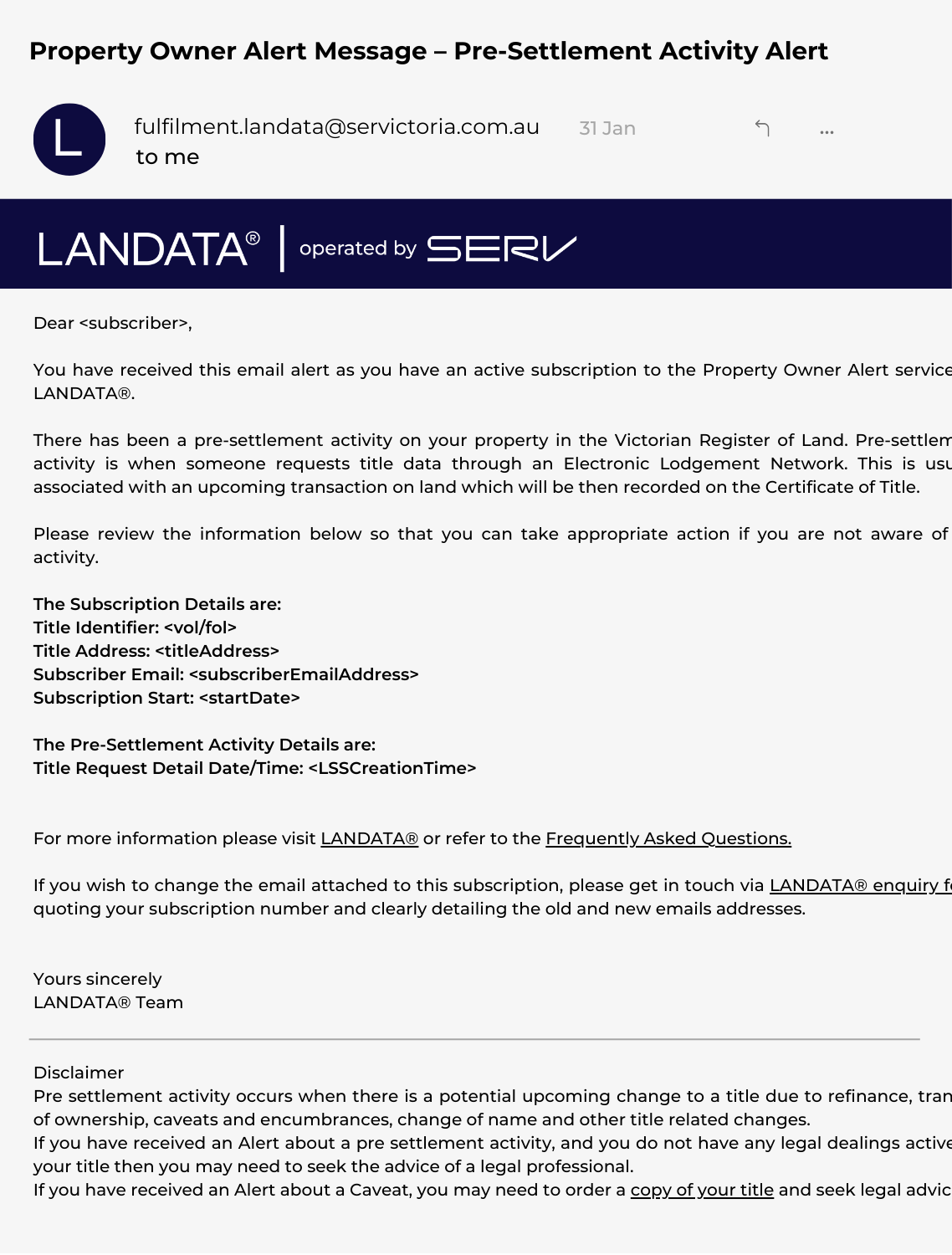 Property Owner Alert Message – Pre-Settlement Activity Alert